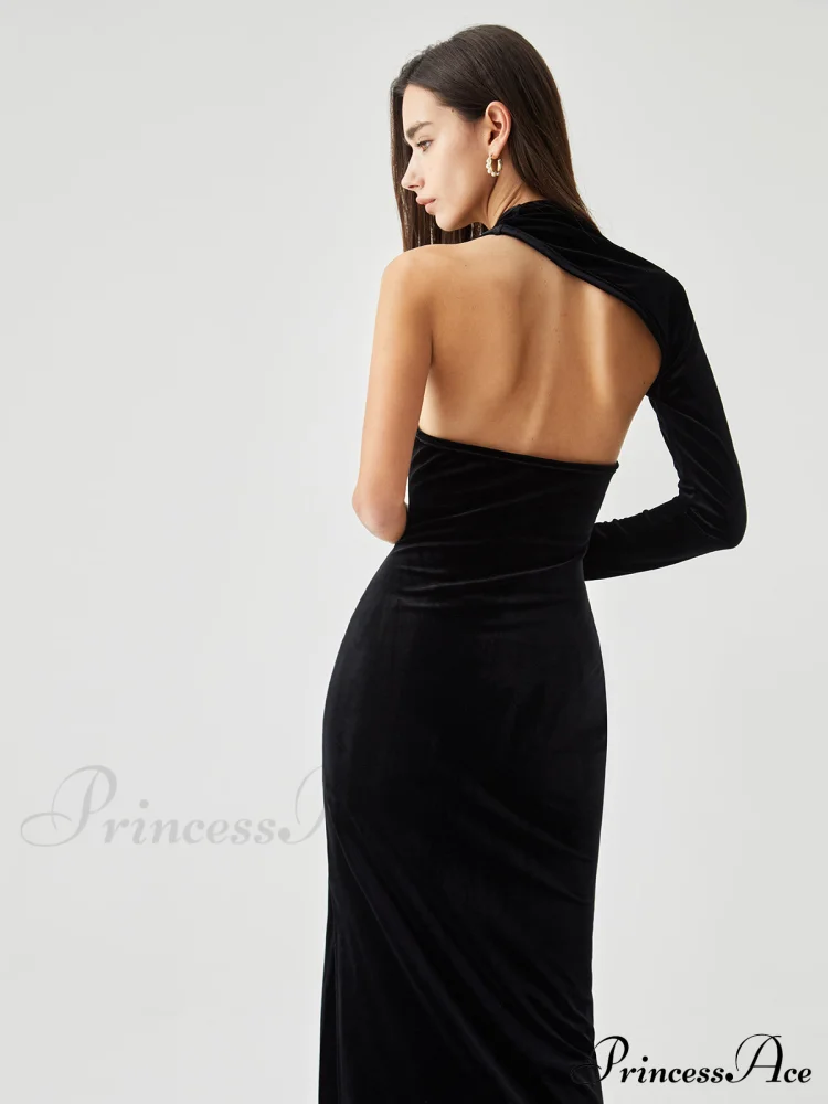 Asymmetric Sleeve Velvet Slit Modern Open Back Long Dress - Image 4
