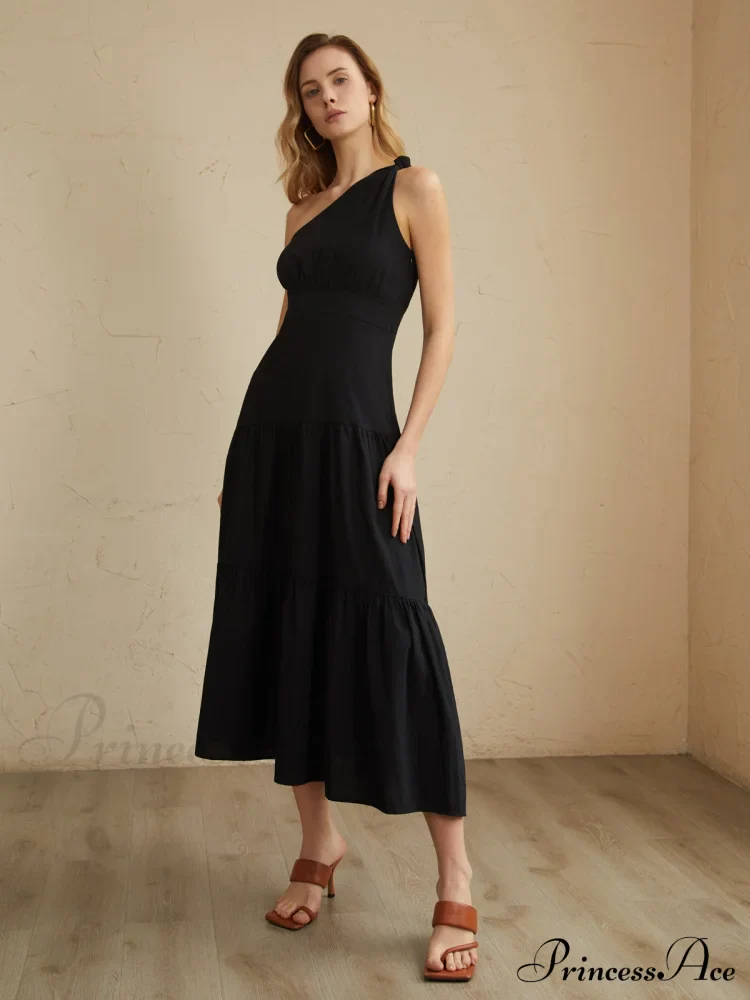 Asymmetric Shoulder Graceful Knotted Midi Dress - Image 2