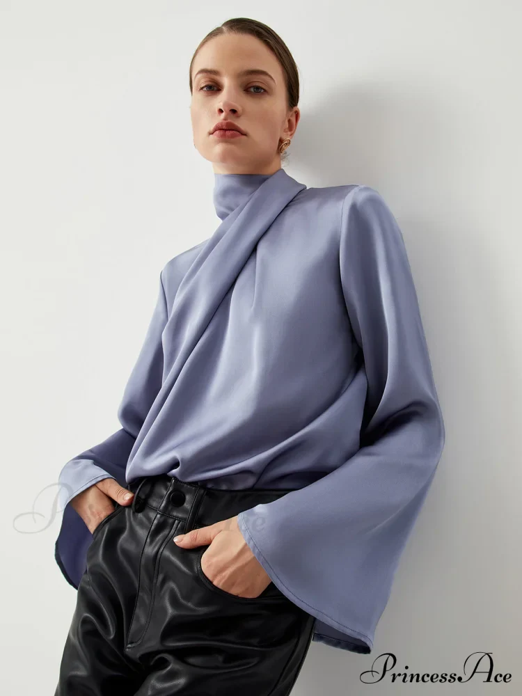 Asymmetric Pleated Graceful Turtleneck Satin Shirt - Image 3