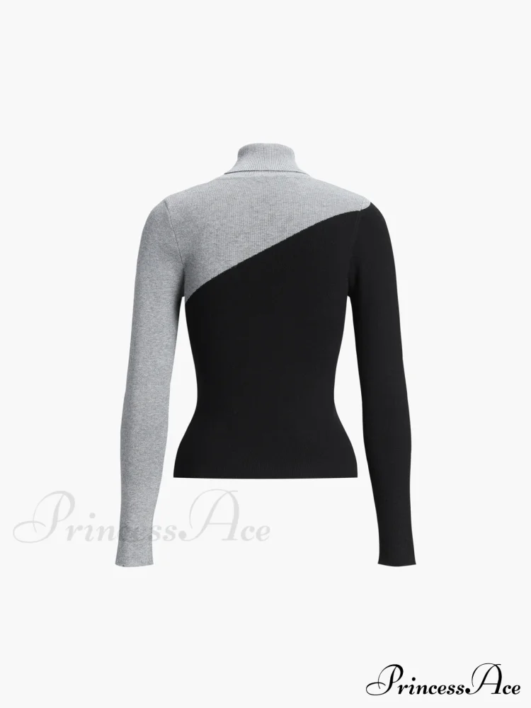 Asymmetric Patchwork Long Sleeve Modern Mock Neck Knit Top - Image 12