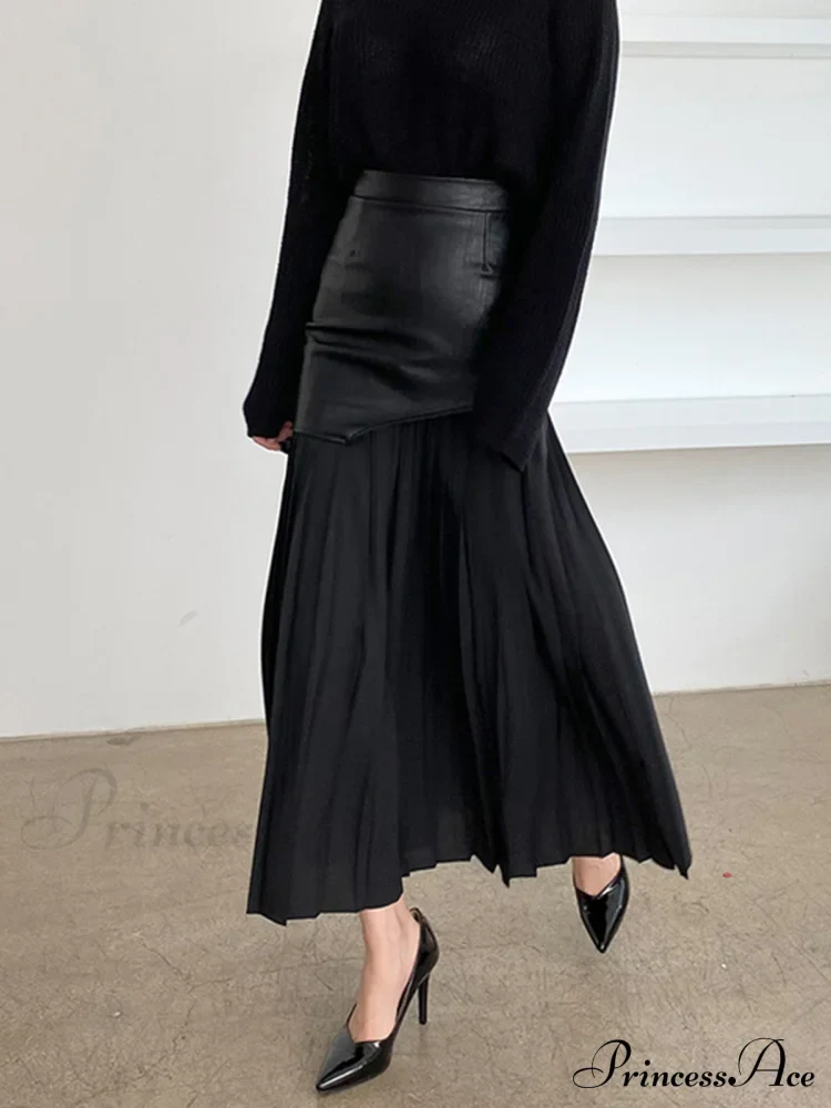 Asymmetric Patchwork Faux Leather Modern Chiffon Pleated Midi Skirt - Image 5