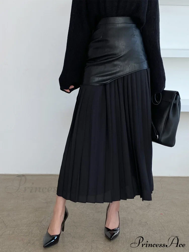 Asymmetric Patchwork Faux Leather Modern Chiffon Pleated Midi Skirt - Image 6