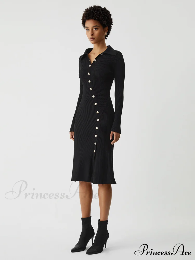 Asymmetric Button Down Long Modern Sleeve Midi Sweater Dress - Image 2