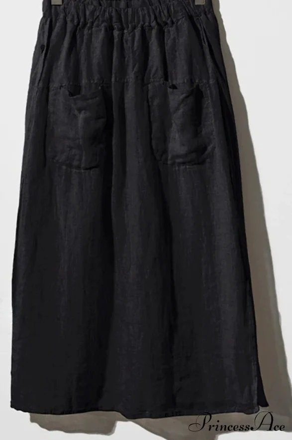 Solid Linen Midi Skirt with Pockets - Image 4