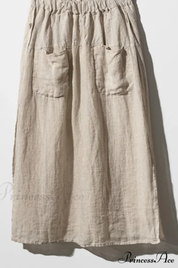 Solid Linen Midi Skirt with Pockets - Image 5