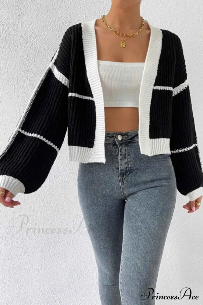 Patchwork Knit Long Sleeve Open-Front Cardigan - Image 8
