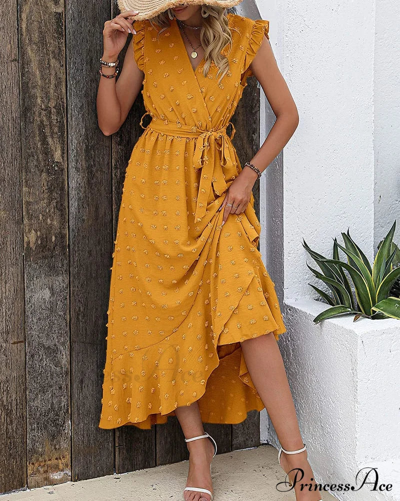 Swiss Dot Cap Sleeve Knot Front Dress in Yellow