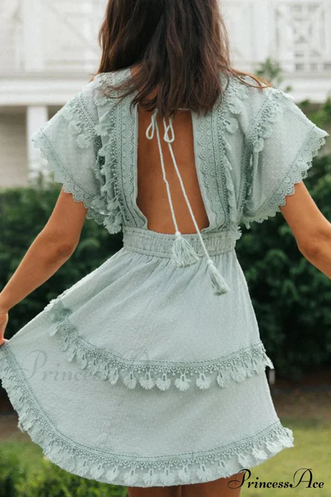 Green Lace Batwing Sleeve Backless Dress for Summer Casual Wear - Image 2
