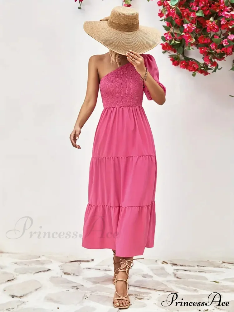Pink One Shoulder Maxi Dress with Short Sleeve and Smocked Ruffles