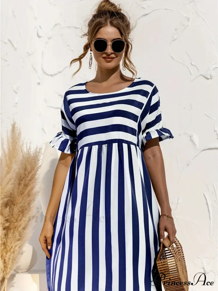 Navy Striped Summer Dress with Short Sleeves