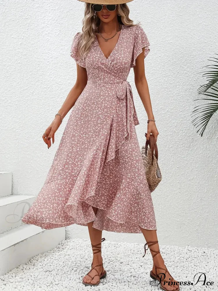 Floral Print Surplice Neck Tied Dress with Flutter Sleeves