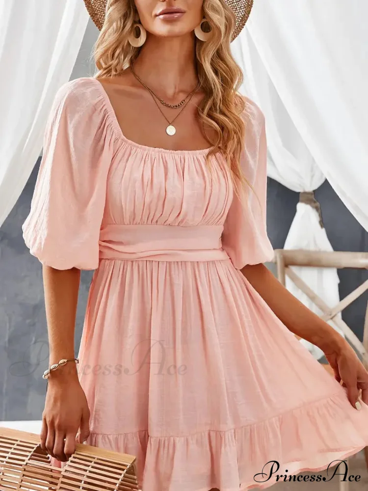 Summer Dress with Lantern Sleeves and Square Neck Ruffle Back