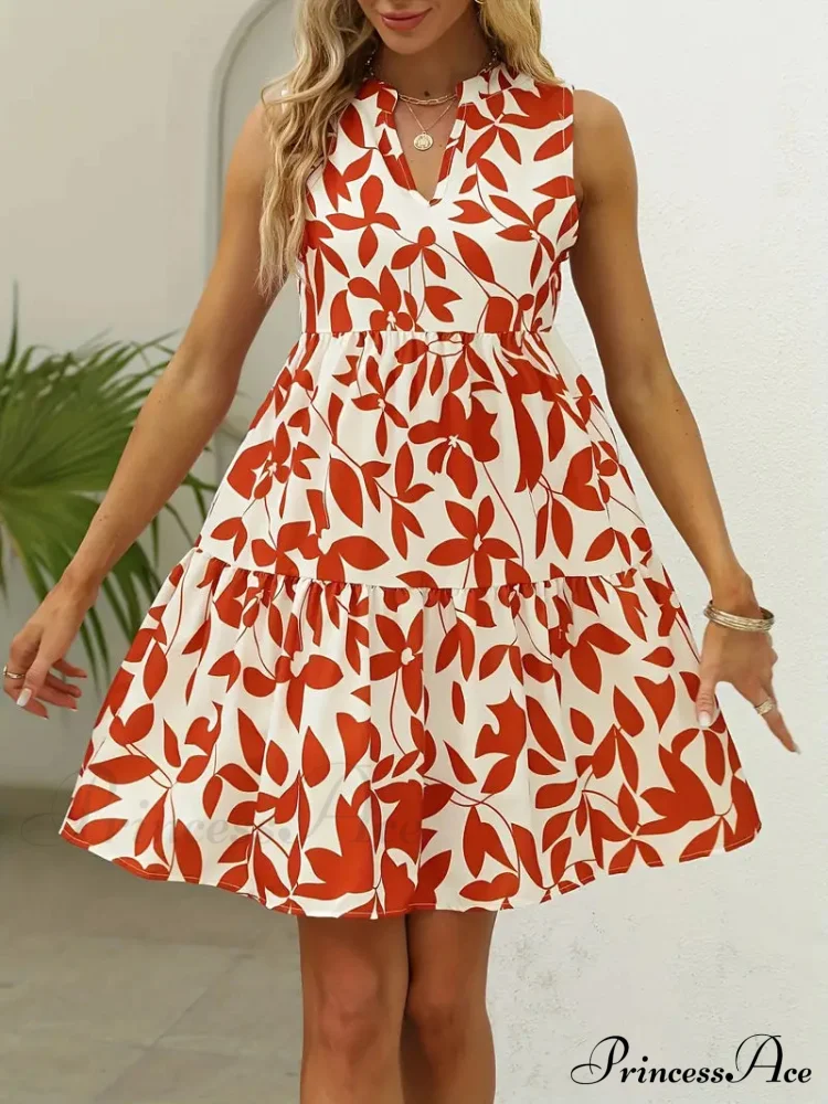 Orange Casual Notched Neck Tiered Dress