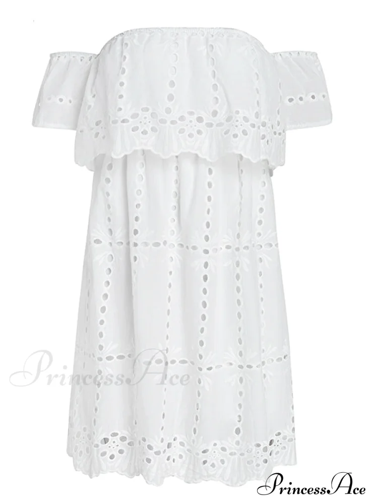 White Lace Off Shoulder Dress with Hollow Out Detail for Women - Image 5