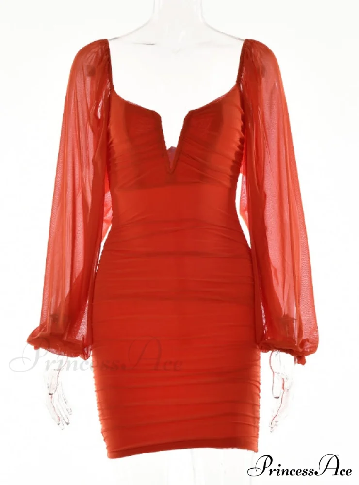 Lantern Sleeve Ruched Bodycon Dress with V-Cut - Image 12