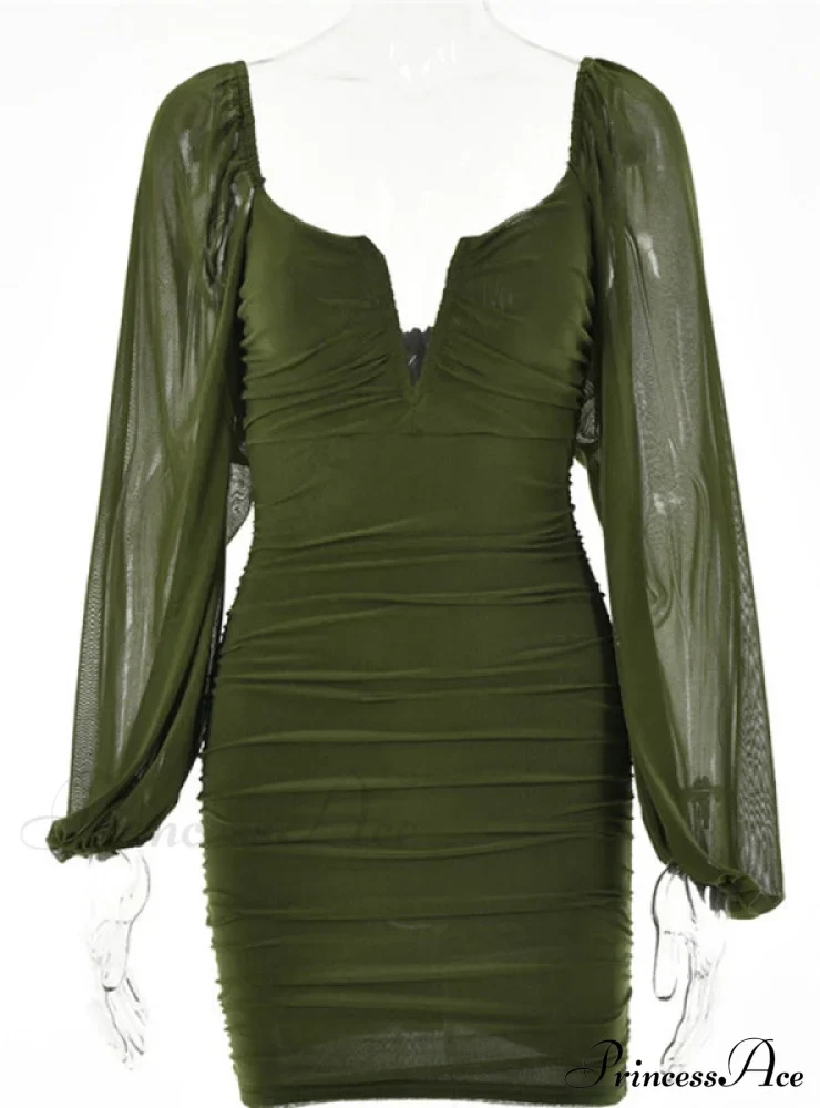Lantern Sleeve Ruched Bodycon Dress with V-Cut - Image 4