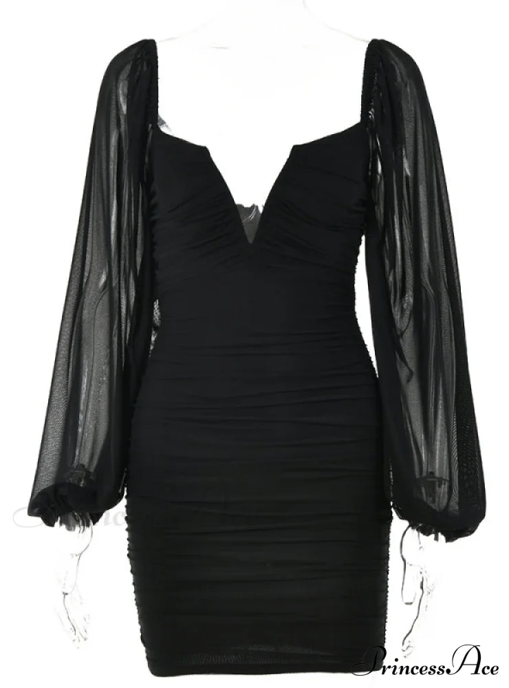 Lantern Sleeve Ruched Bodycon Dress with V-Cut - Image 8