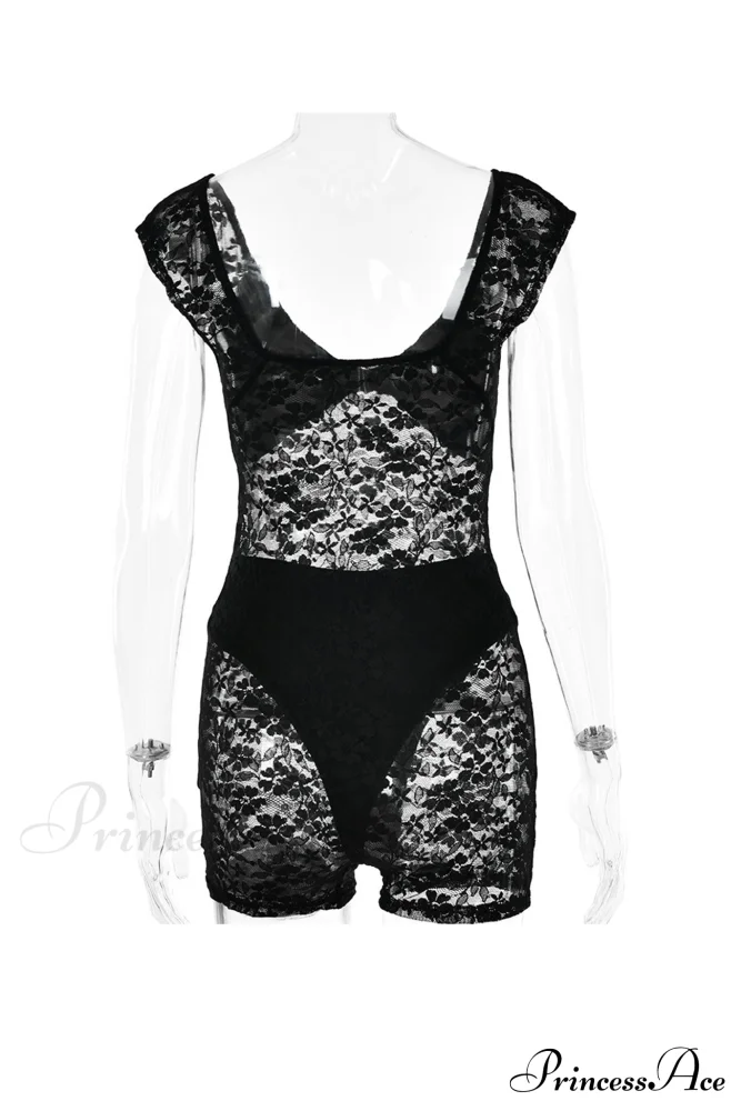 V Neck Lace Bodycon Rompers with Short Sleeves - Image 8