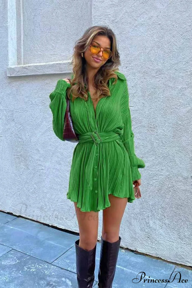 Strappy Waisted Pleated Shirts Dress - Image 3
