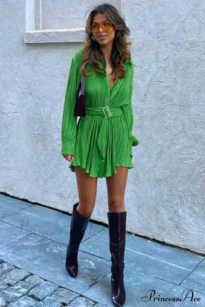 Strappy Waisted Pleated Shirts Dress - Image 4