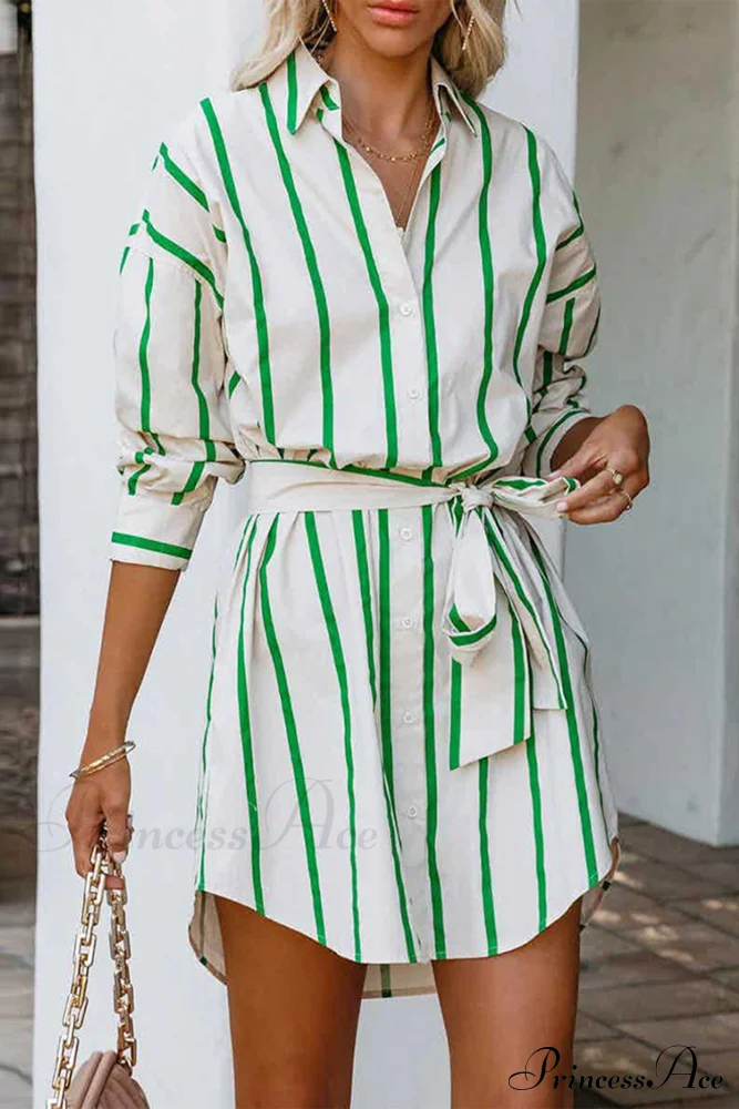 Striped Print Lace-up Shirt Dress - Green - Image 4