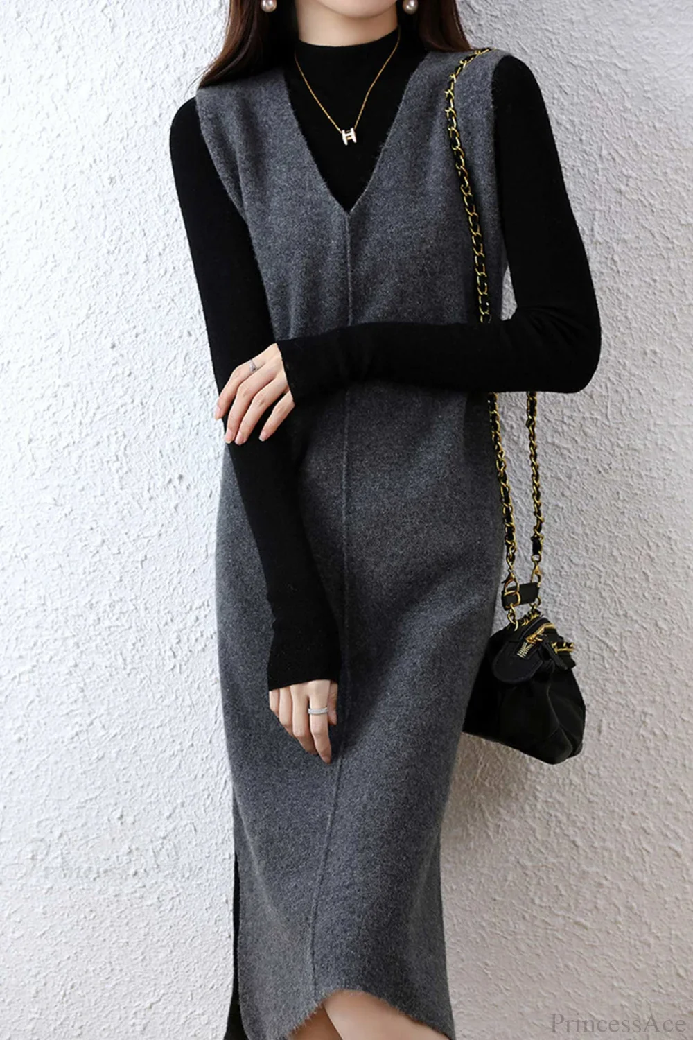 Solid Color Wool Tank Dress with V Neck - Image 7