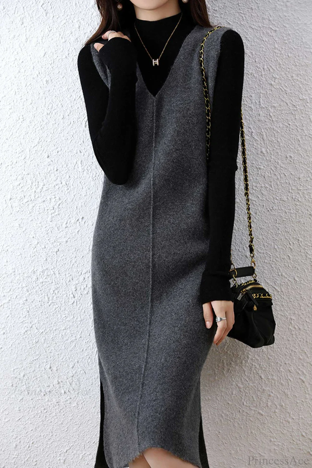 Solid Color Wool Tank Dress with V Neck - Image 8