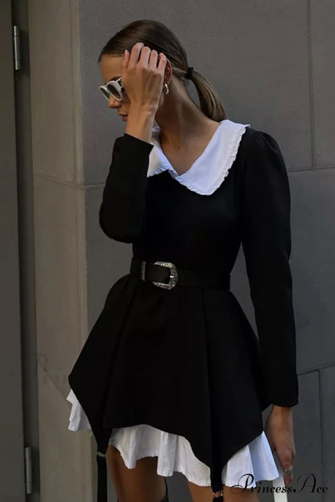 Ruched Fake Two-Pieces Dress with Doll Collar