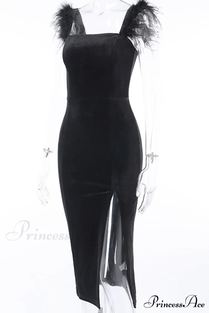 Velvet Split Dress with Fuzzy Shoulders - Image 5