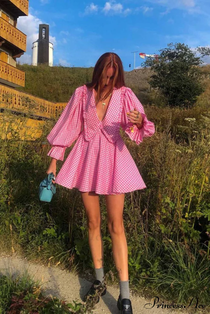 Pink Plaid A-Line Babydoll Dress with Lapel - Image 5