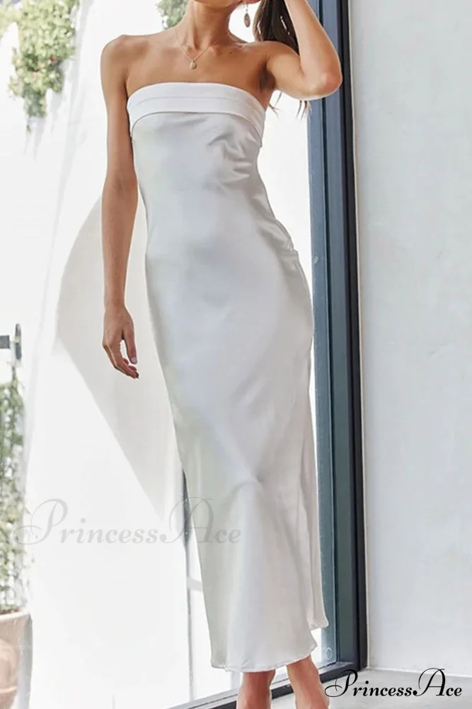 Solid Color Satin Strapless Dress - Image 15