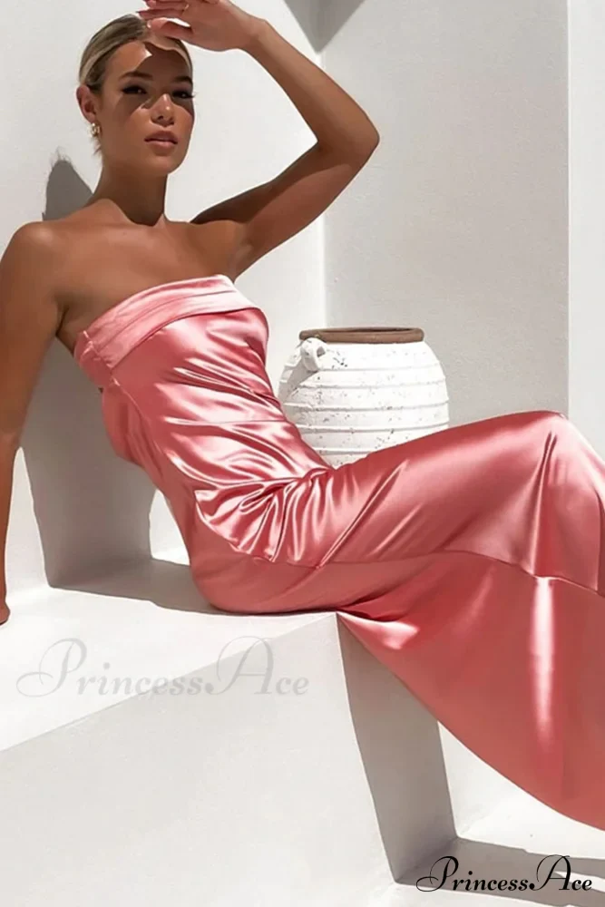 Solid Color Satin Strapless Dress - Image 2
