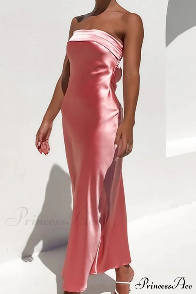 Solid Color Satin Strapless Dress - Image 3