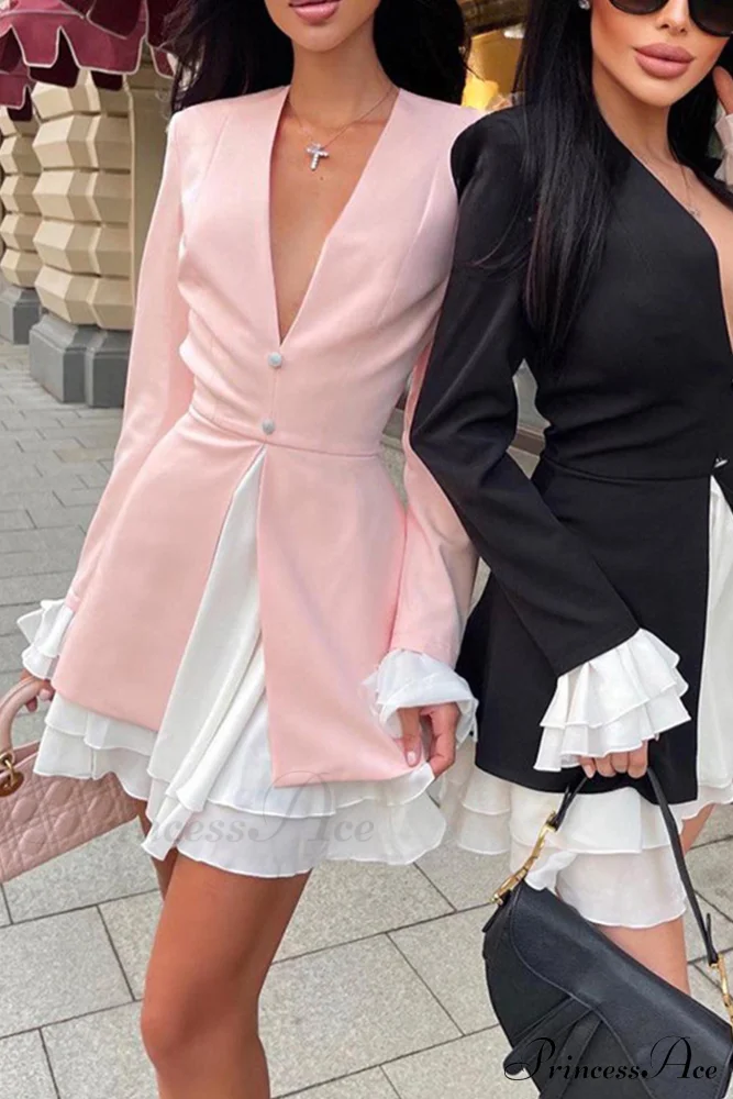 V Neck Ruffle Dress with Fake Two-Piece Design - Image 7