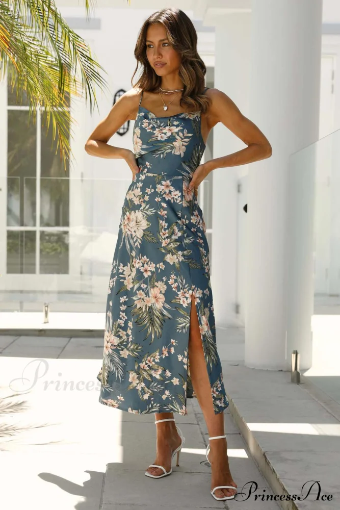 Satin Floral Print Cowl Neck Cami Dress with Slit - Image 16