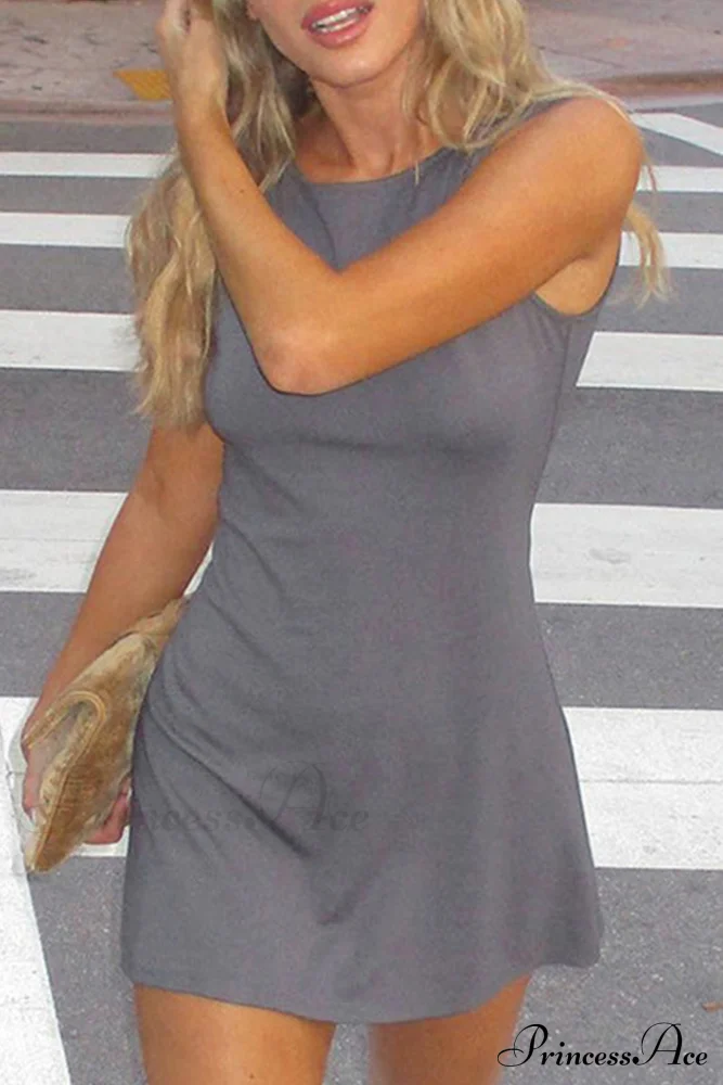 Grey Crew Neck Bodycon Tank Dress - Image 2