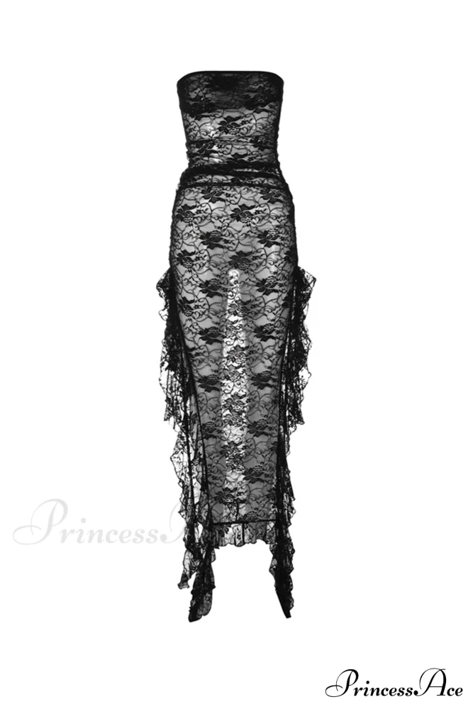 Elegant Black Lace Floral Ribbon Strapless Dress with Slit - Image 7