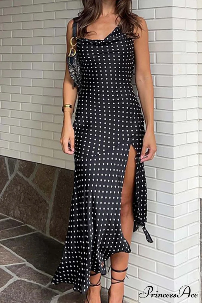 Cowl Neck Slit Dress with Polka Dots - Image 7