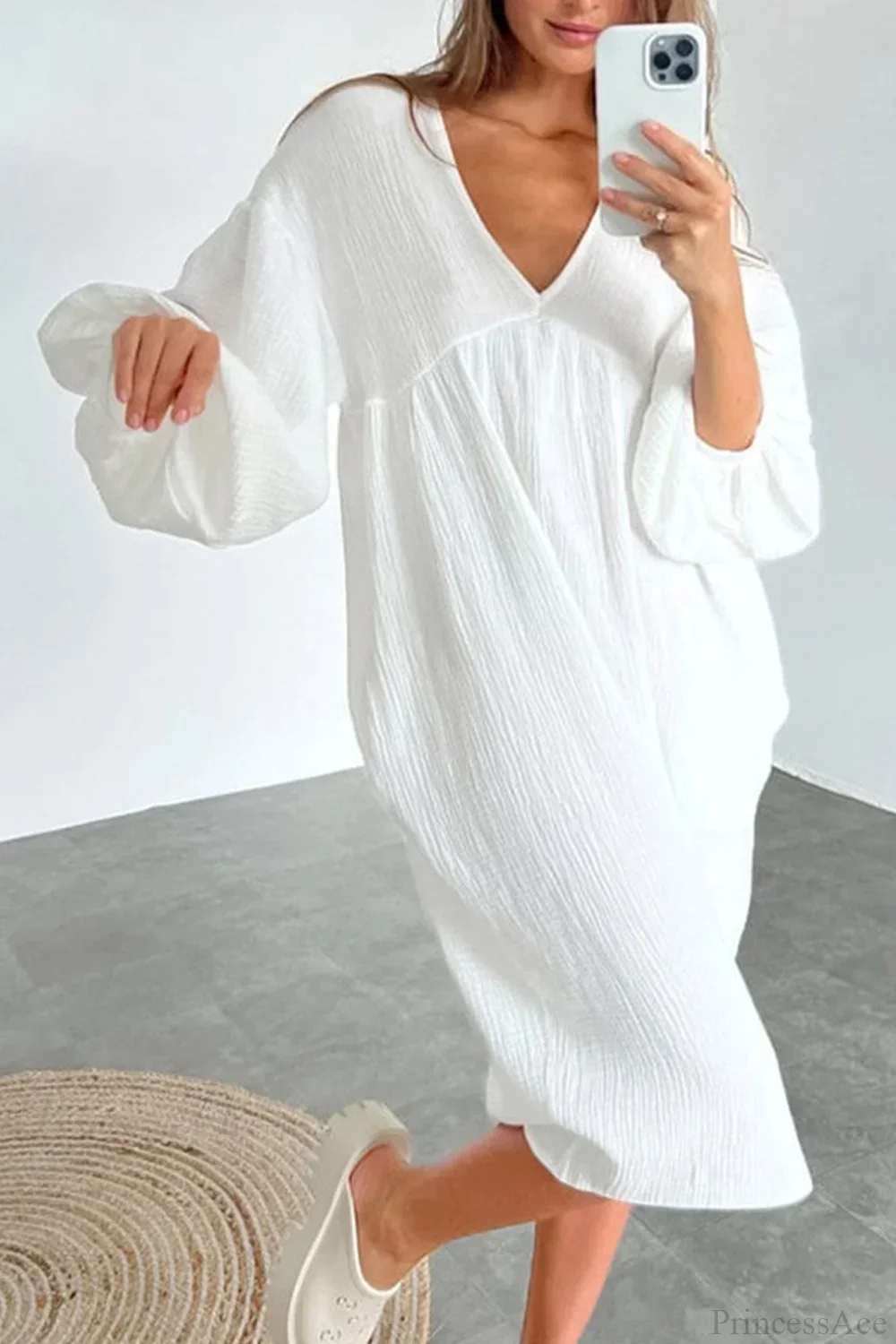 Crepe V Neck Puff Sleeve Loose Dress - Image 11