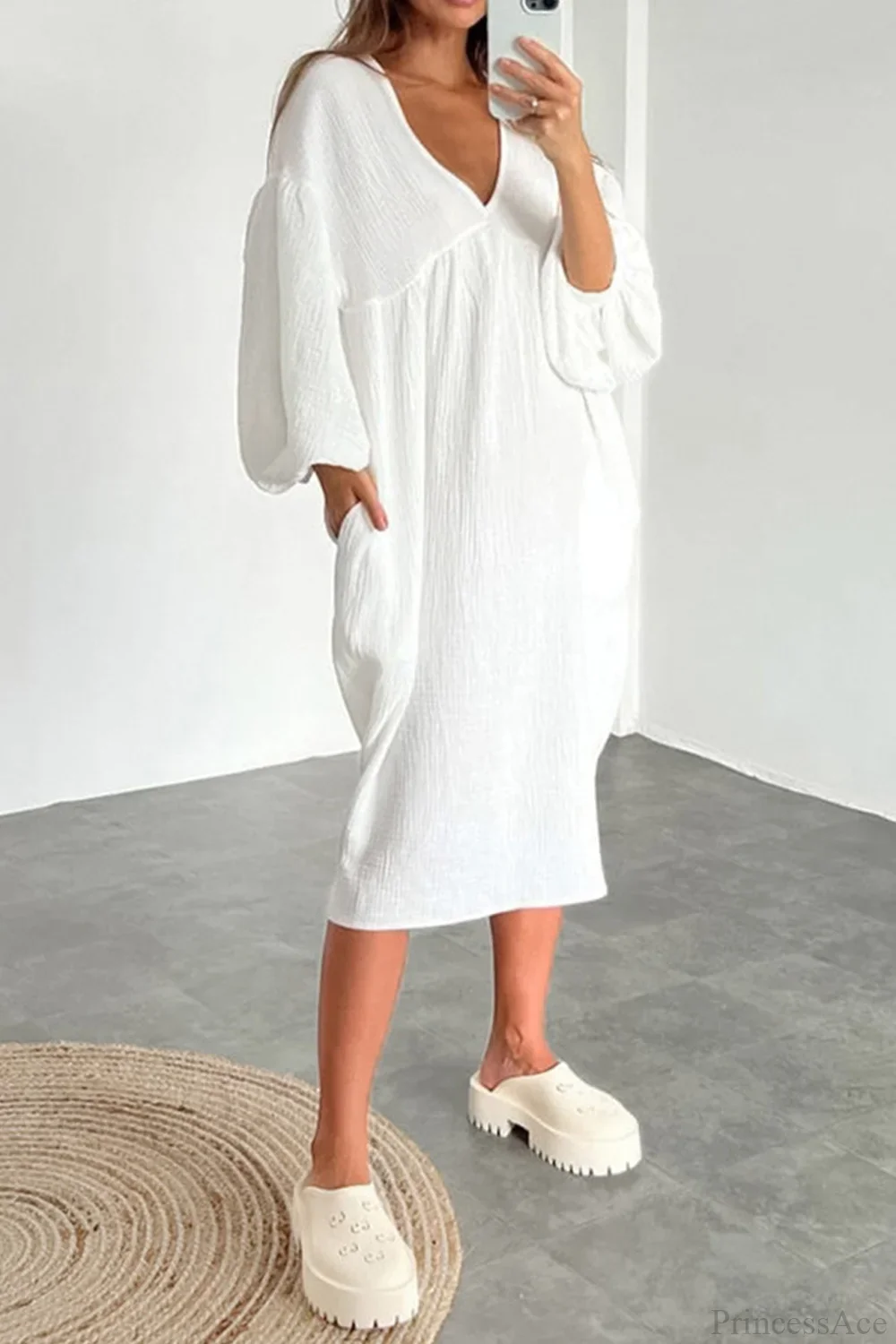 Crepe V Neck Puff Sleeve Loose Dress - Image 12