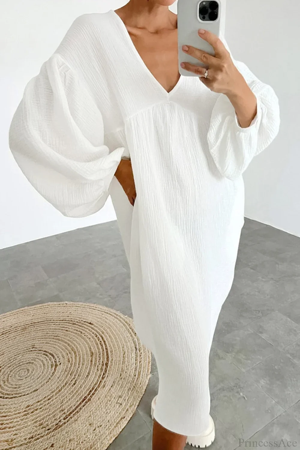 Crepe V Neck Puff Sleeve Loose Dress - Image 13
