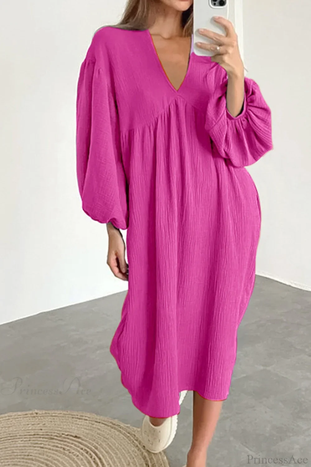 Crepe V Neck Puff Sleeve Loose Dress - Image 14