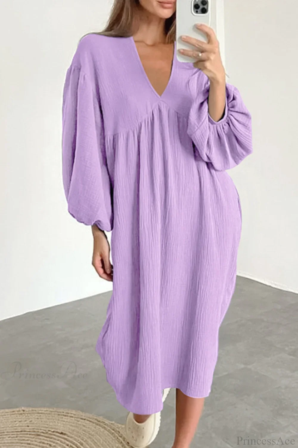 Crepe V Neck Puff Sleeve Loose Dress - Image 15