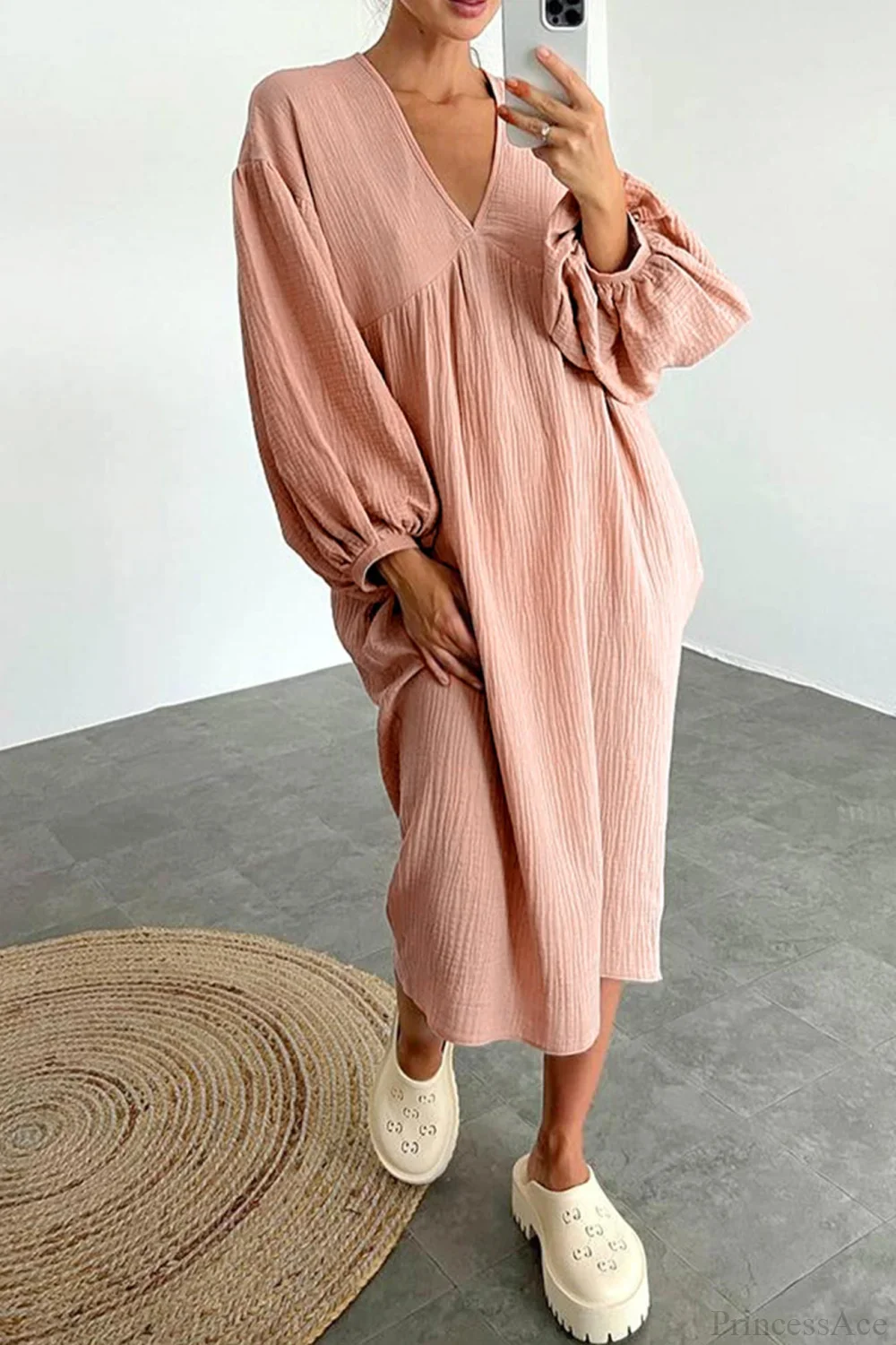 Crepe V Neck Puff Sleeve Loose Dress - Image 2