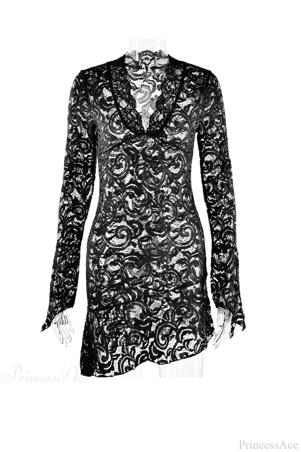 V Neck Flares Sleeve Lace Dress - Image 15