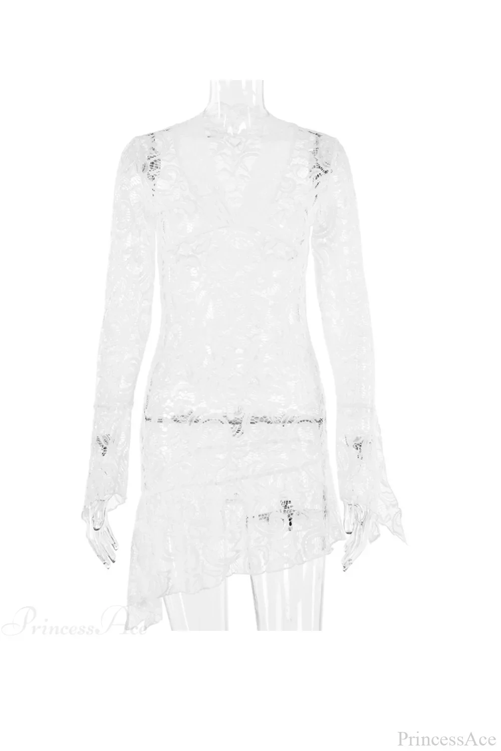 V Neck Flares Sleeve Lace Dress - Image 16