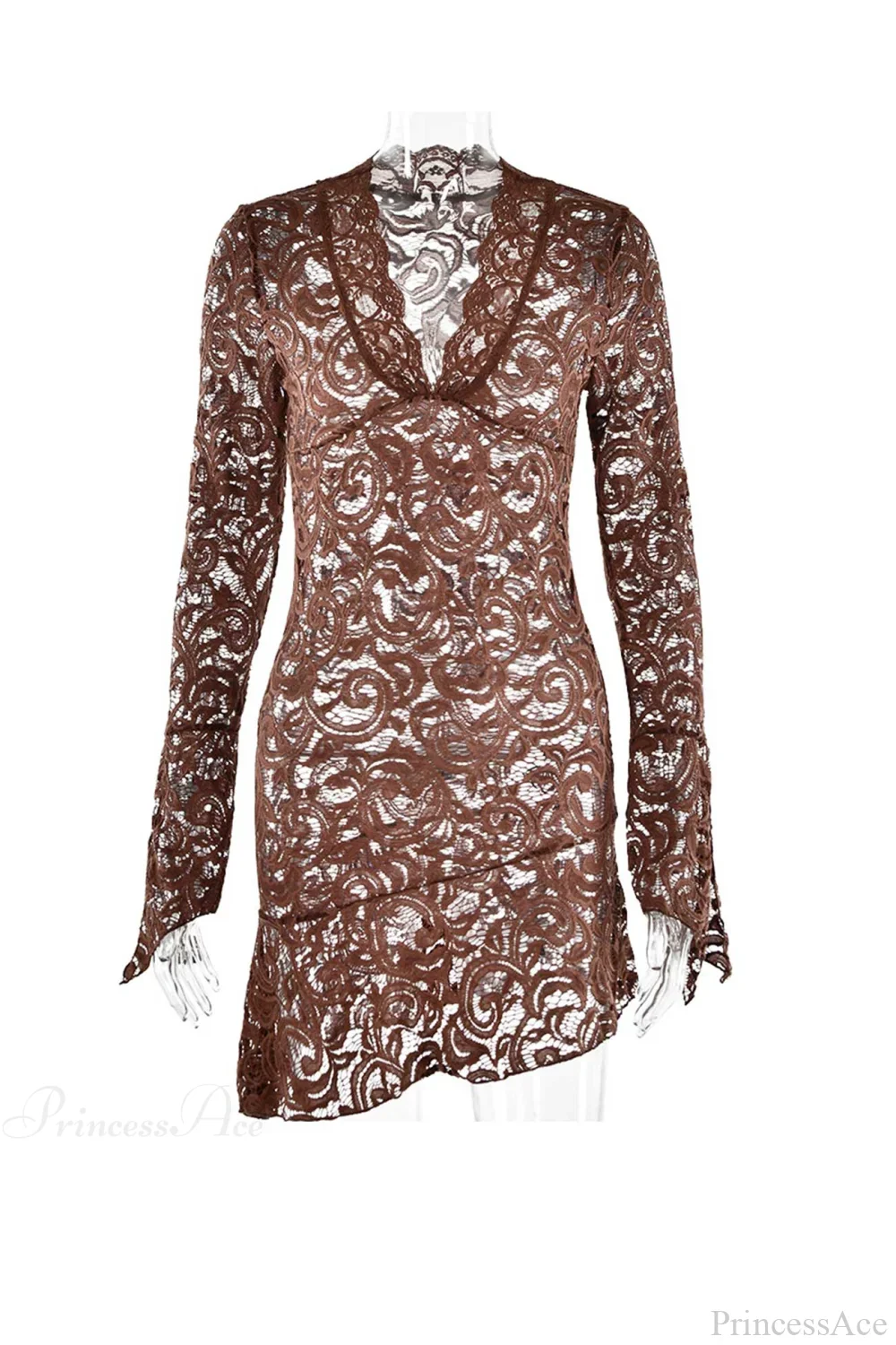 V Neck Flares Sleeve Lace Dress - Image 9