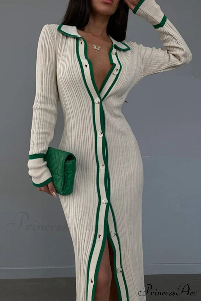 Contrast Ribbed Dress with Lapel - Image 4