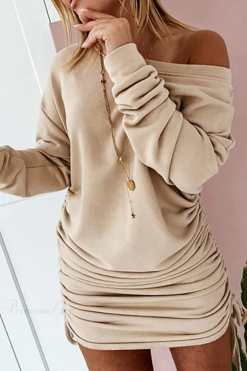 Gathering Dress with Drop Shoulder and Drawstring - Image 3
