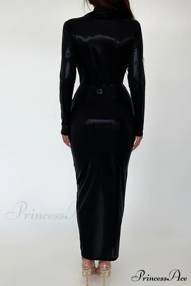 Glossy V Neck Ruched Slit Dress - Image 11